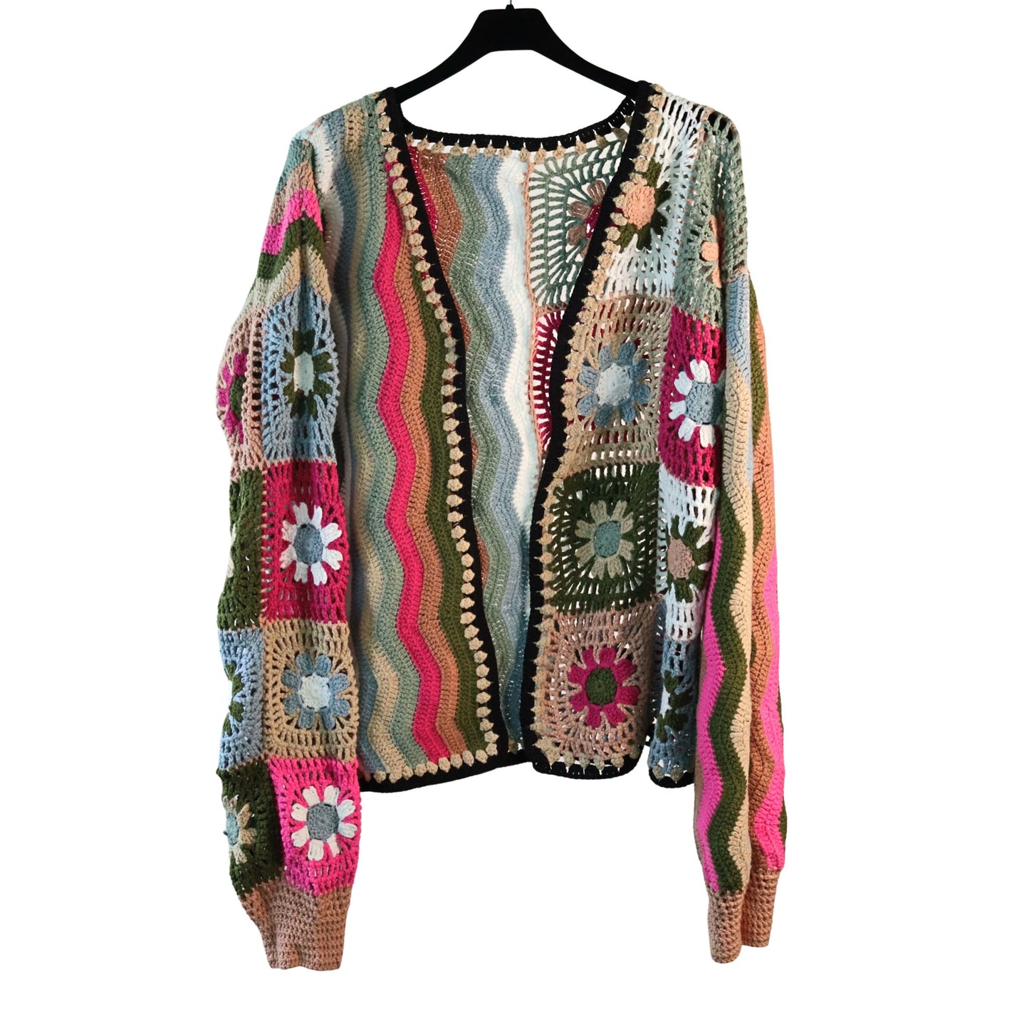 Olive and Pink Floral Crochet Jacket